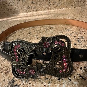 Justin womens western leather belt with purple rhinestone/black  belt buckle
